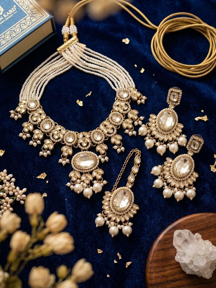 Moissanite Choker Necklace Set with Jhumka & Maang Tikka - Image 3