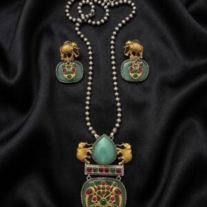 Elephant Motif German Silver Long Necklace with Green & Maroon Stones