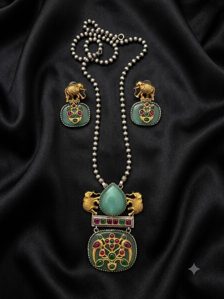 Elephant Motif German Silver Long Necklace with Green & Maroon Stones