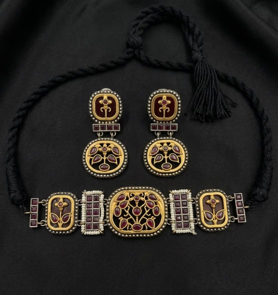 Sabyasachi Style German Silver Brass Choker Set with Kundan - Image 3