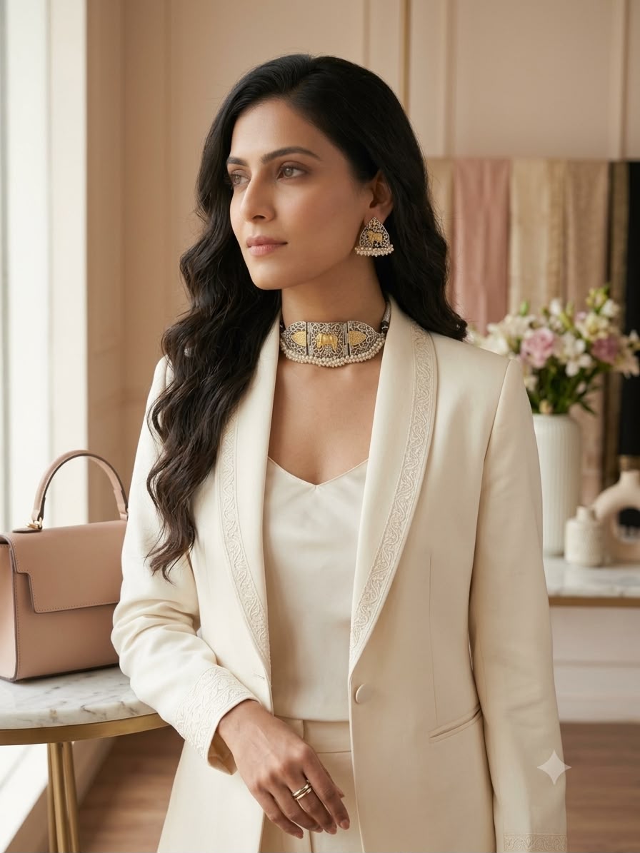 German Silver Brass Choker Necklace with Golden Pearl Studs - Image 2
