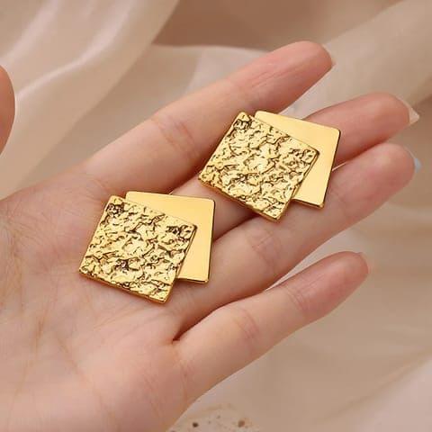 Gold Textured Square Stud Earrings - Image 2