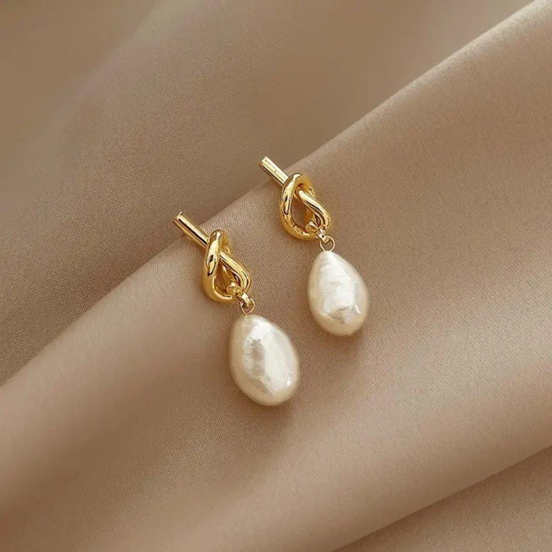Gold Knot Drop Earrings with Baroque Pearls