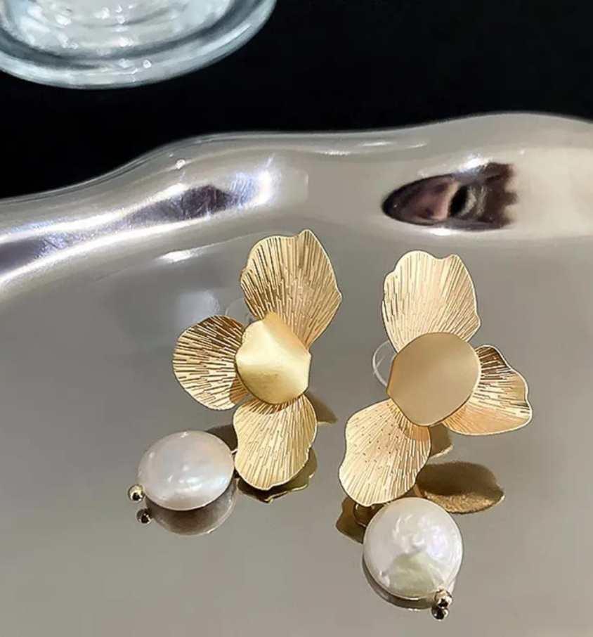 Gold Floral Stud with Baroque Pearl Drops