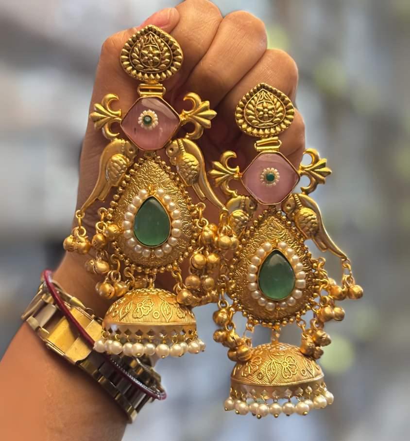 Grand Gold Peacock Jhumkas with Pink & Green Stones
