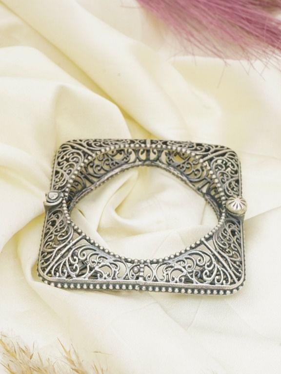 Intricate Filigree Oxidized Silver Square Kada