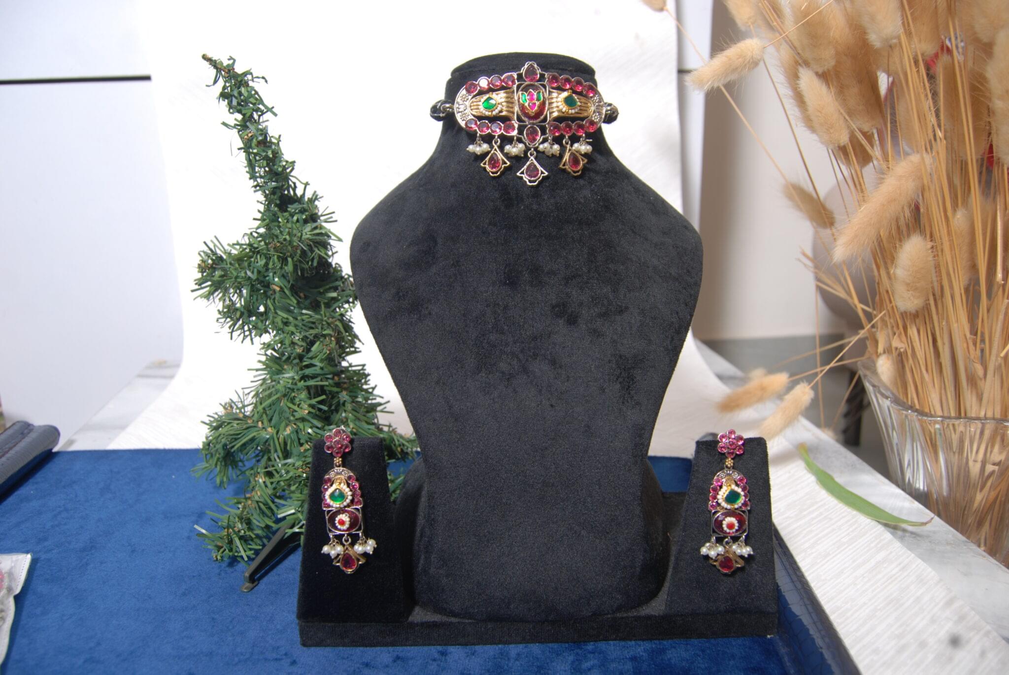 Handcrafted Silver Replica Choker with Red & Green Stones - Image 2