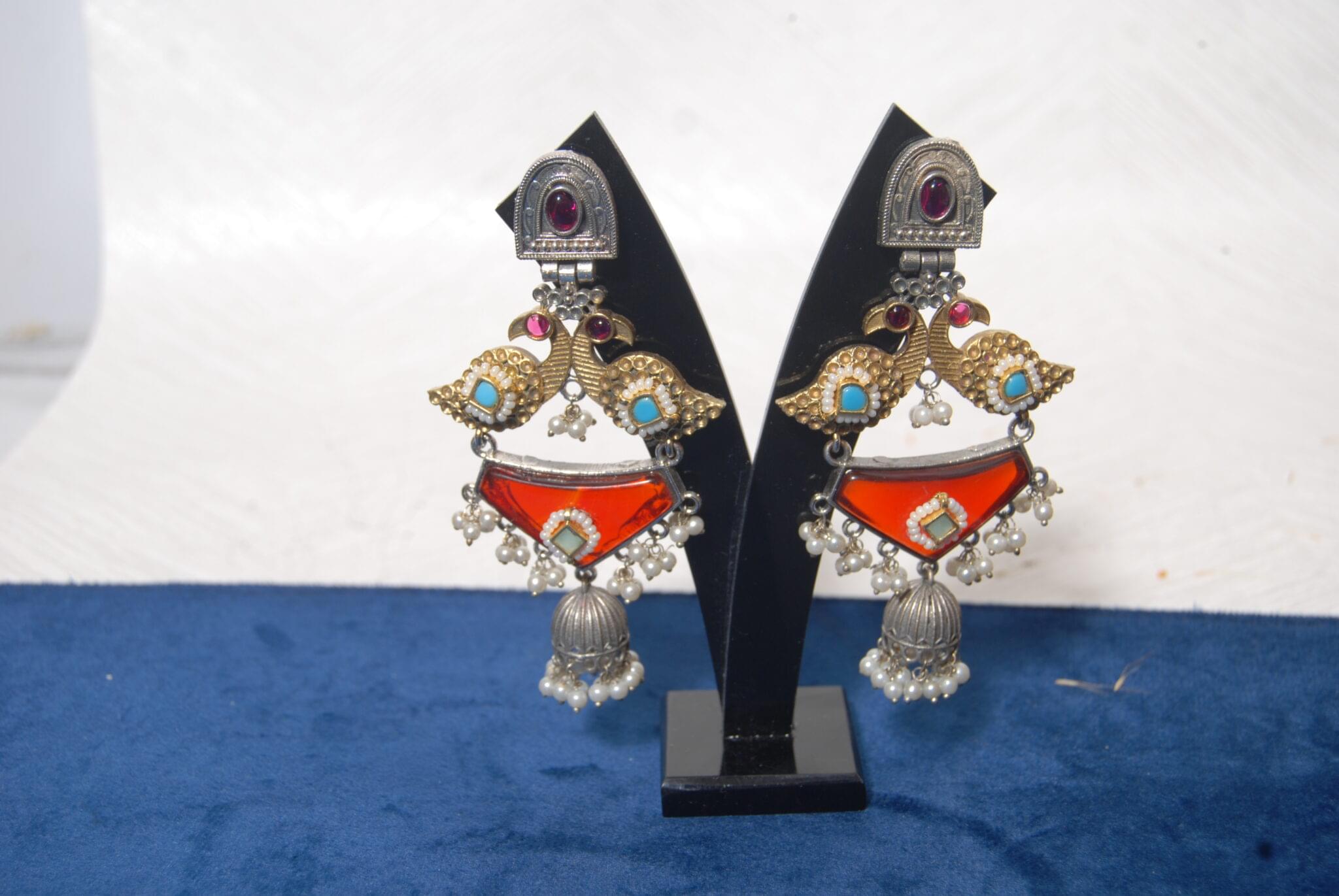 Classy Silver Replica & Brass Earrings with Red Pachi Kundan - Image 2