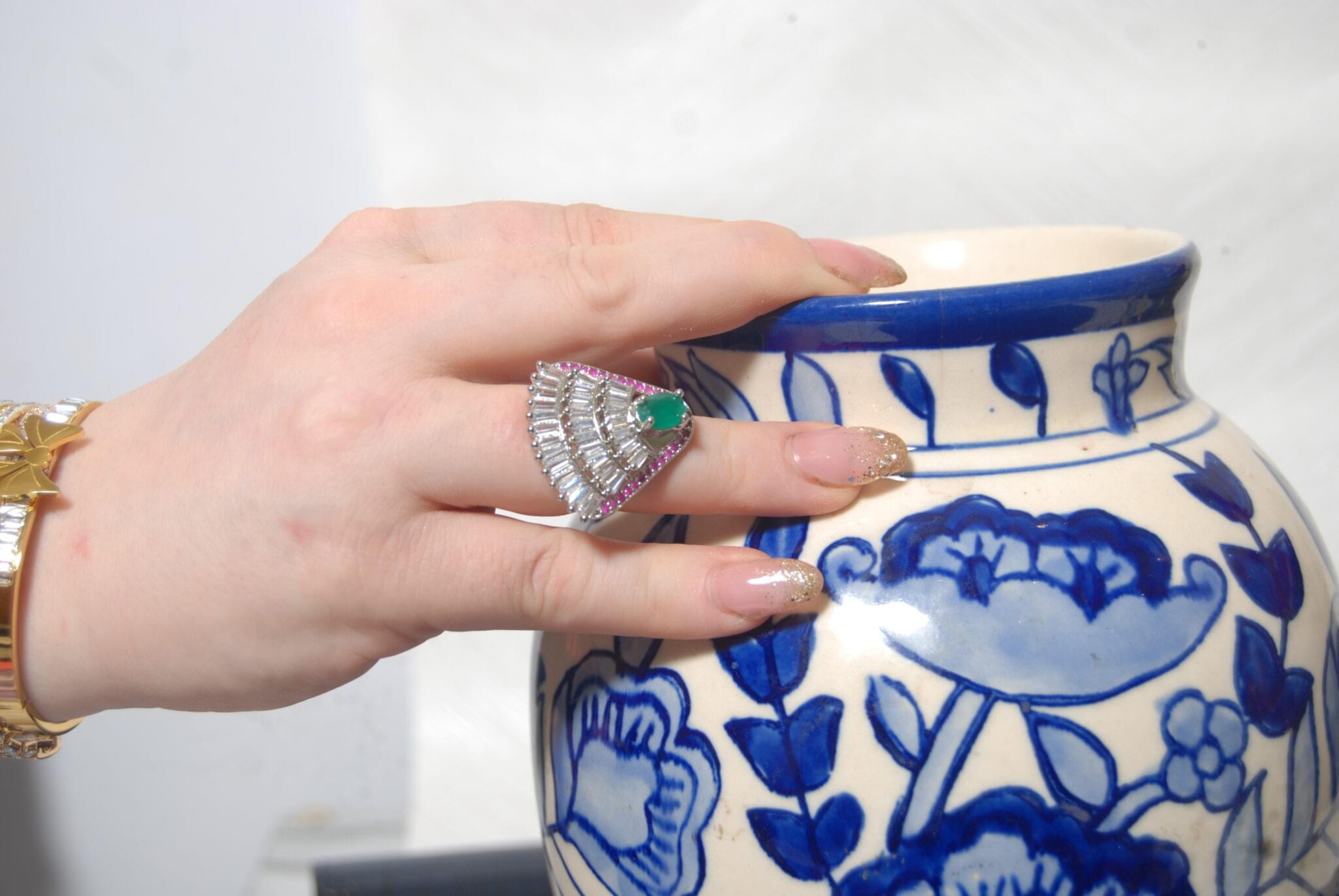 AD Fan Design Ring with Emerald & Rubies - Image 2