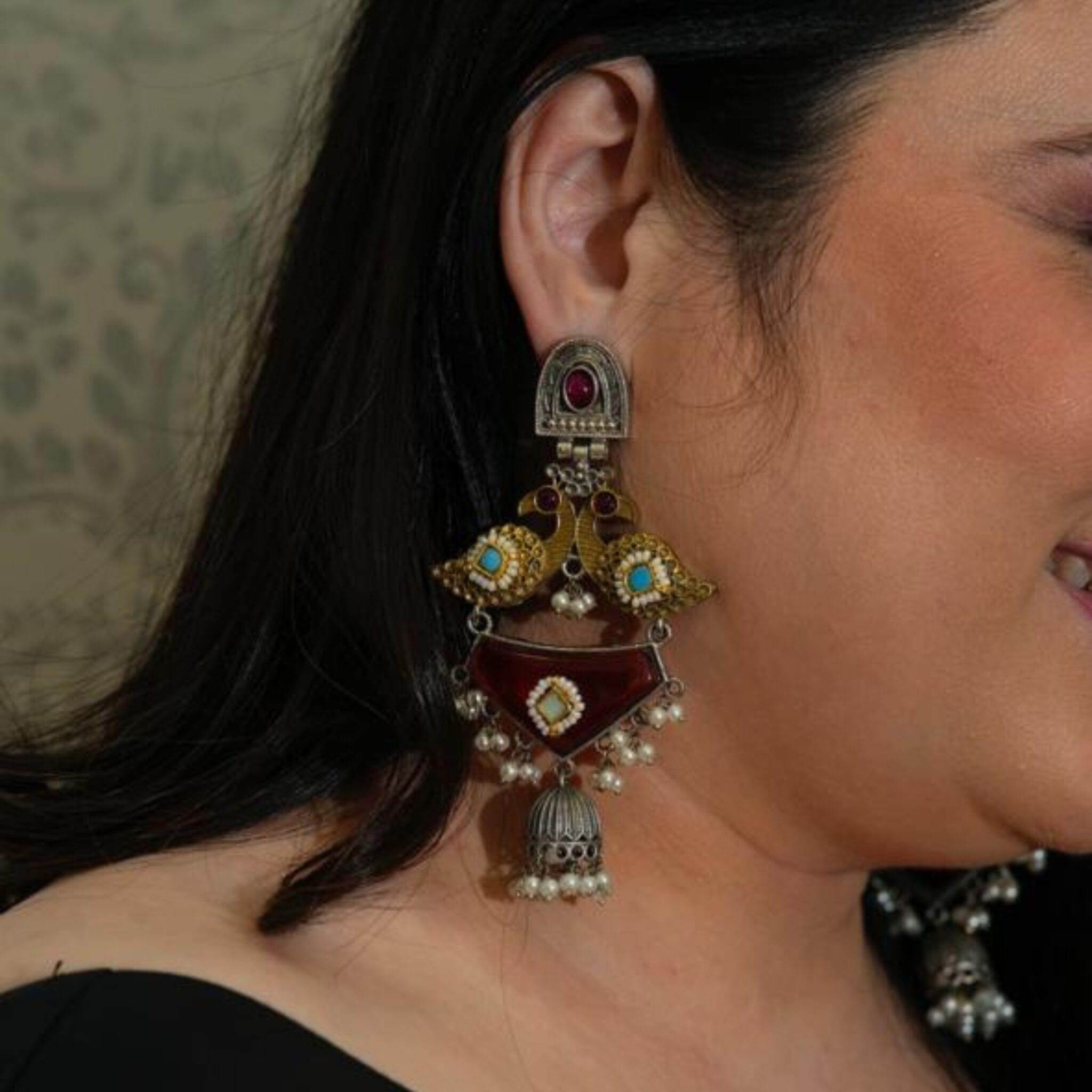 Classy Silver Replica & Brass Earrings with Red Pachi Kundan