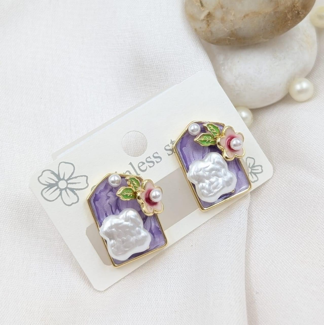 Enamel and Baroque Pearl Flower Stud Earrings