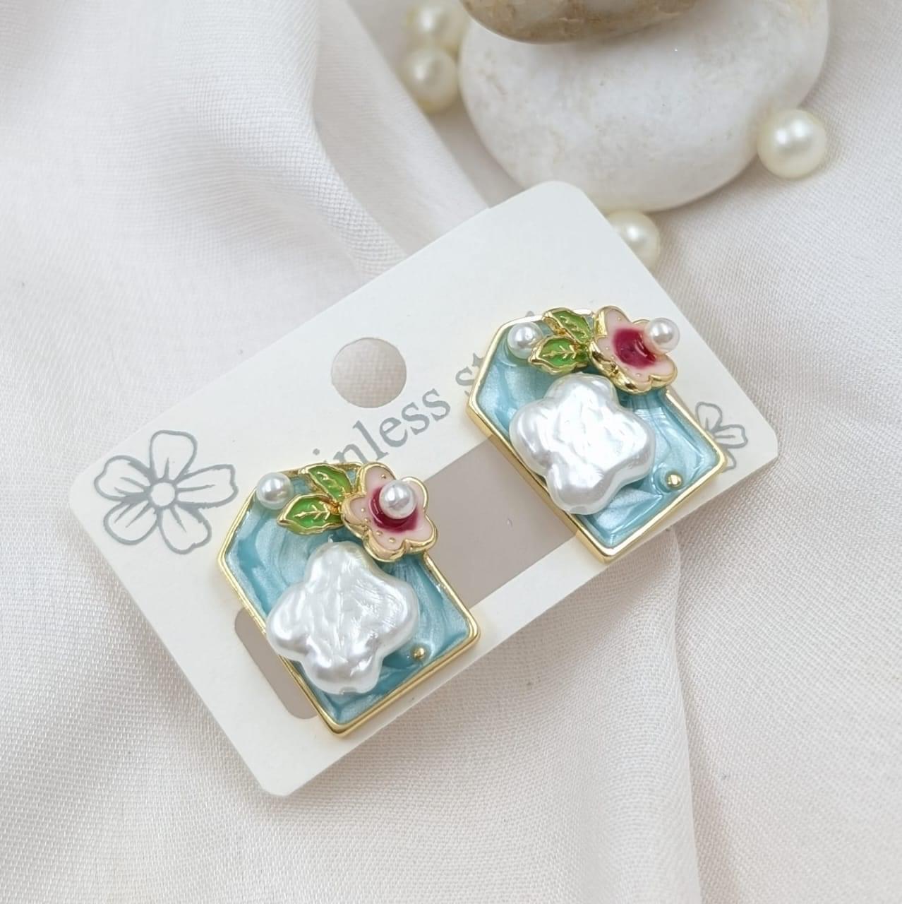 Enamel and Baroque Pearl Flower Stud Earrings - Image 2