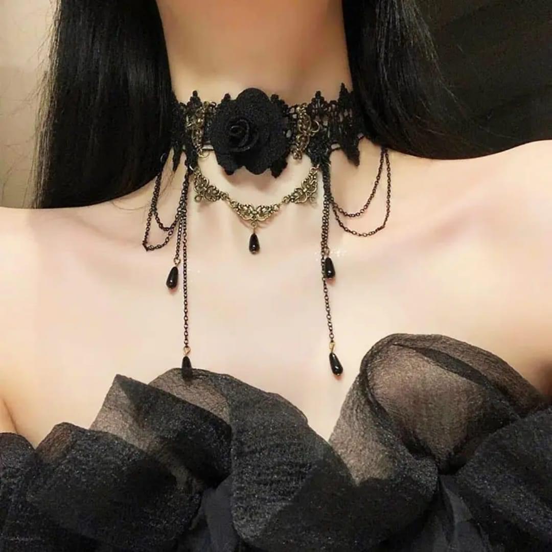 Black Lace & Rose Dangle Choker - Image 4