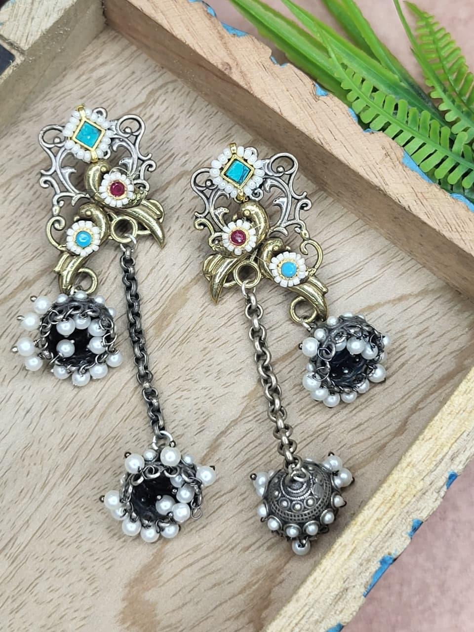 Dual-Tone Oxidized Pachi Kundan Jhumki