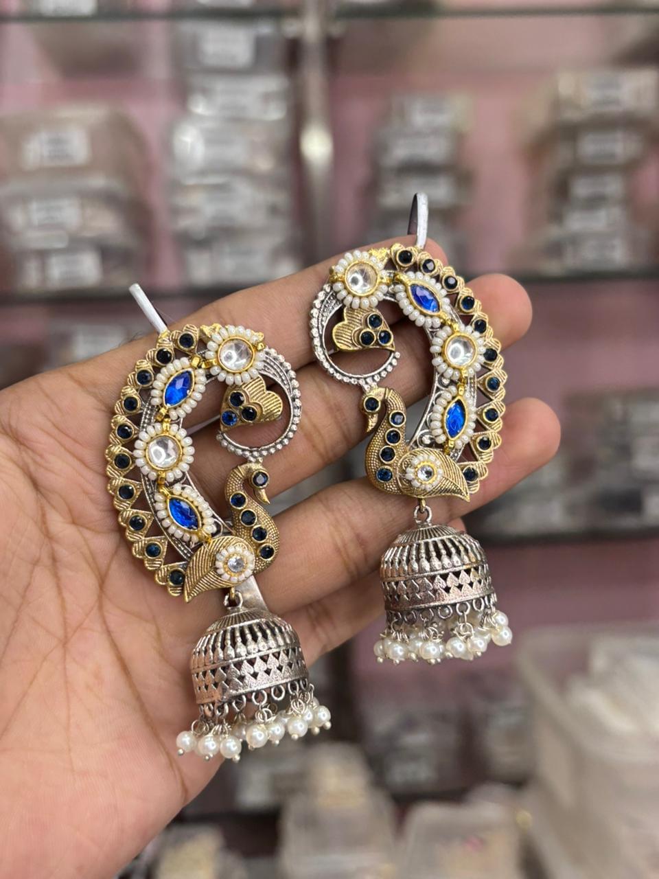 Dual-Tone Kundan Pachi Ear Cuff Jhumki Earrings