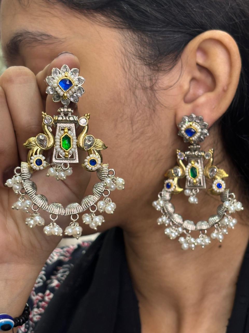 Dual-Tone Oxidized Peacock Chandbali Earrings with Pearls