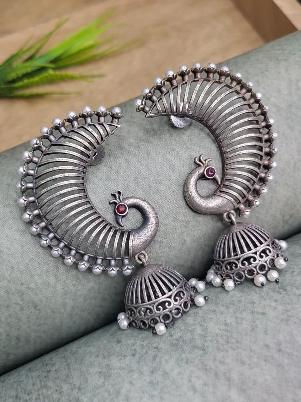 Oxidized Silver Replica Peacock Jhumki Earrings