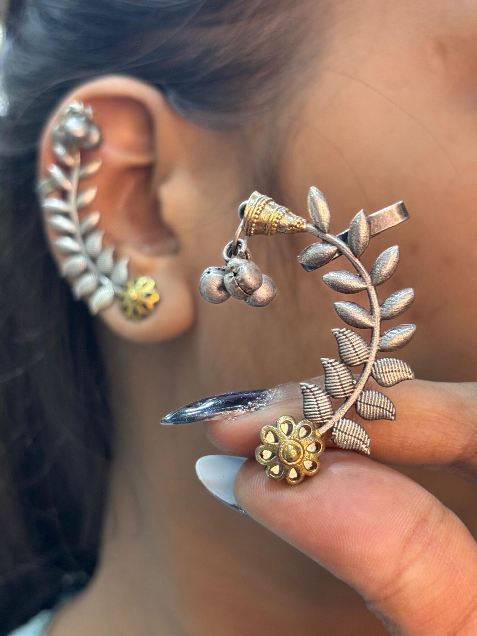 Dual-Tone Oxidized Leaf Ear Cuff with Ghungroo Drop
