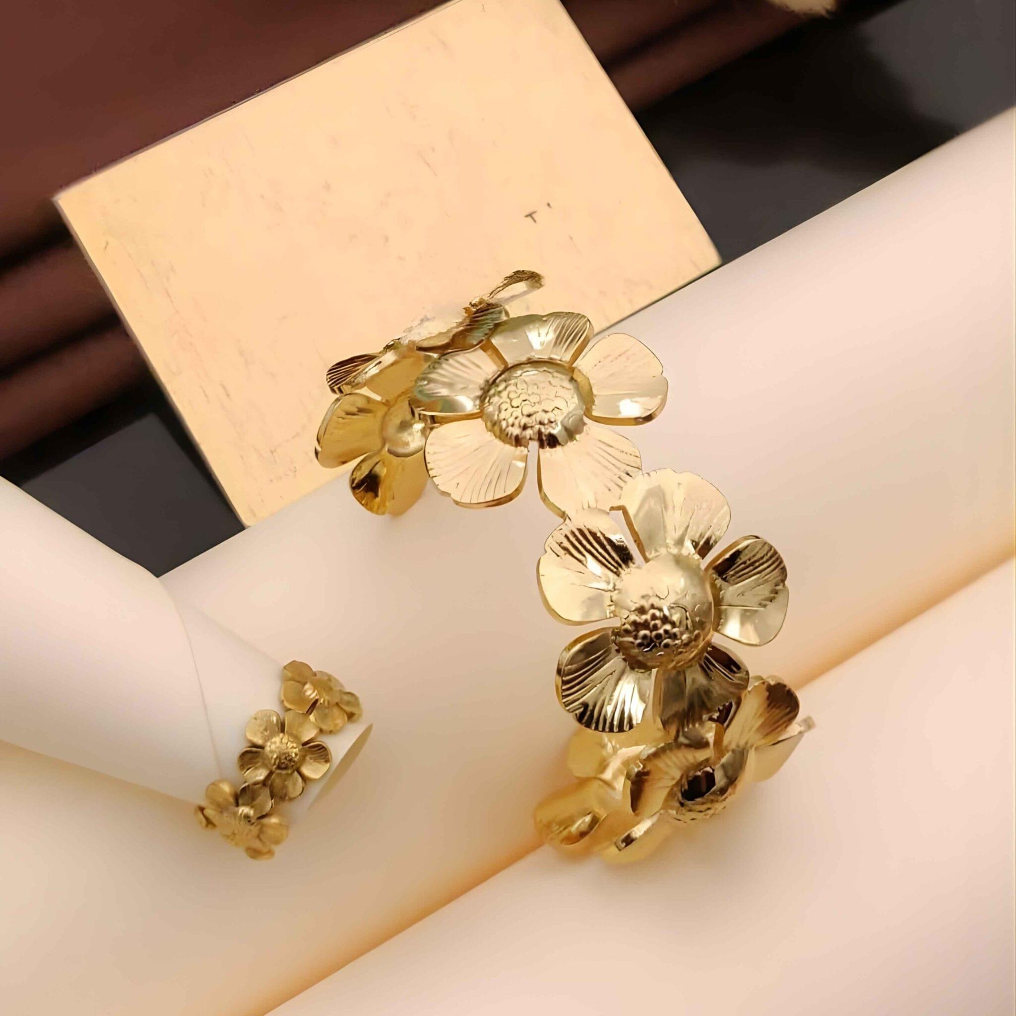 Sculptural Gold Flower Cuff Bracelet & Ring Combo