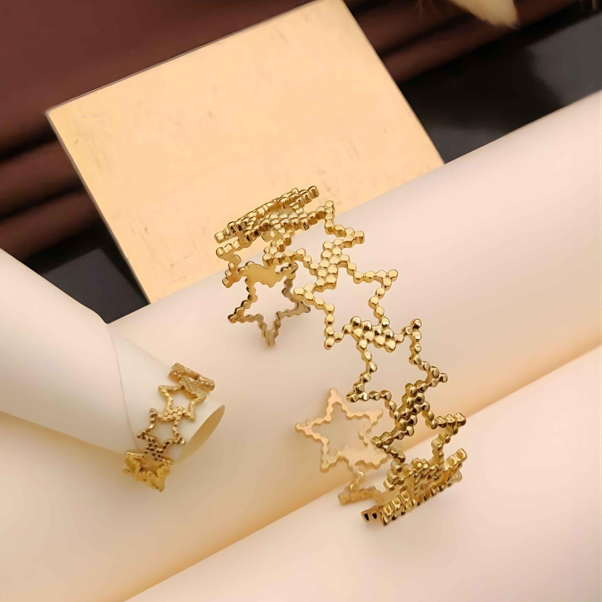 Gold Interconnected Star Cuff Bracelet & Ring Combo