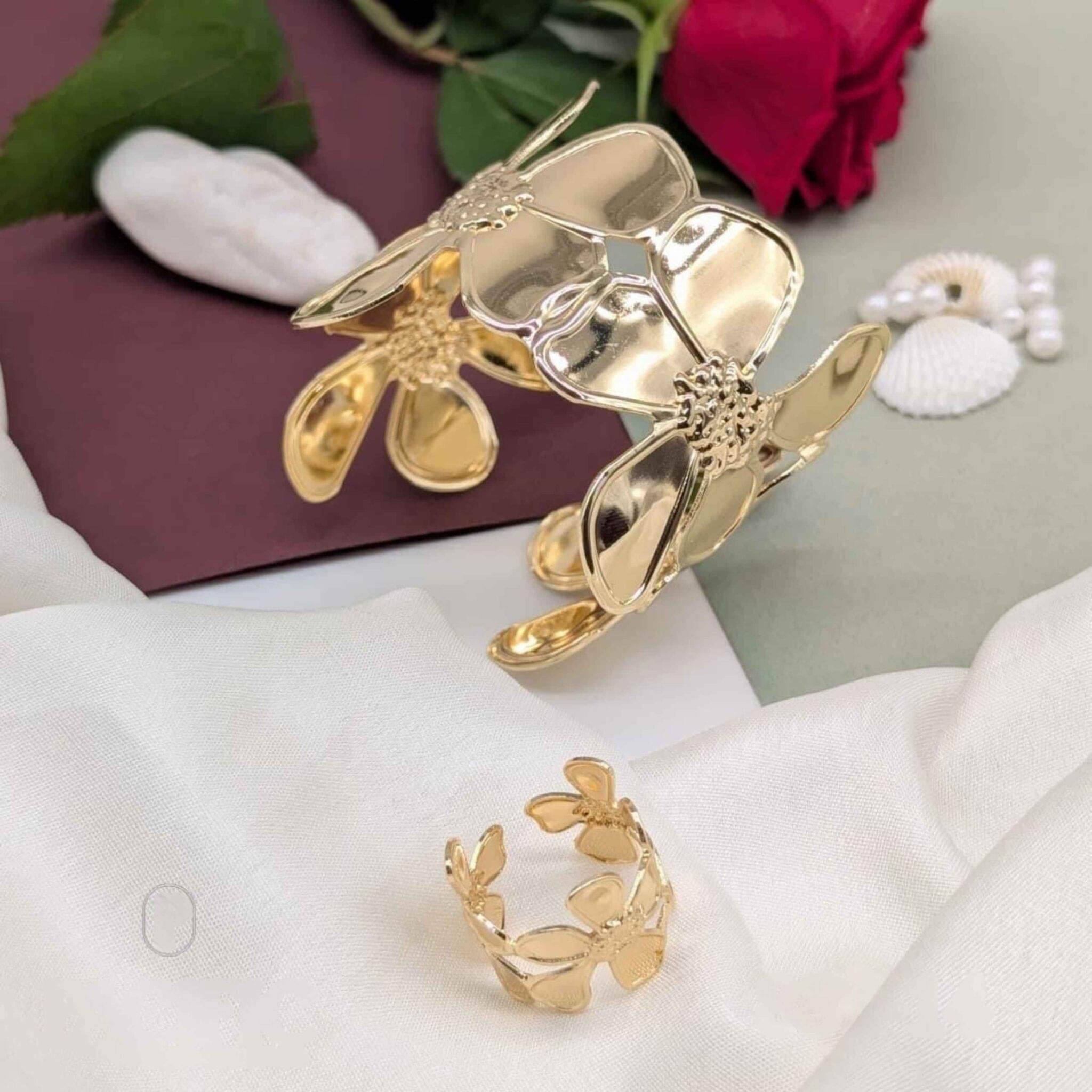 Gold Flower Cuff Bracelet & Ring Combo