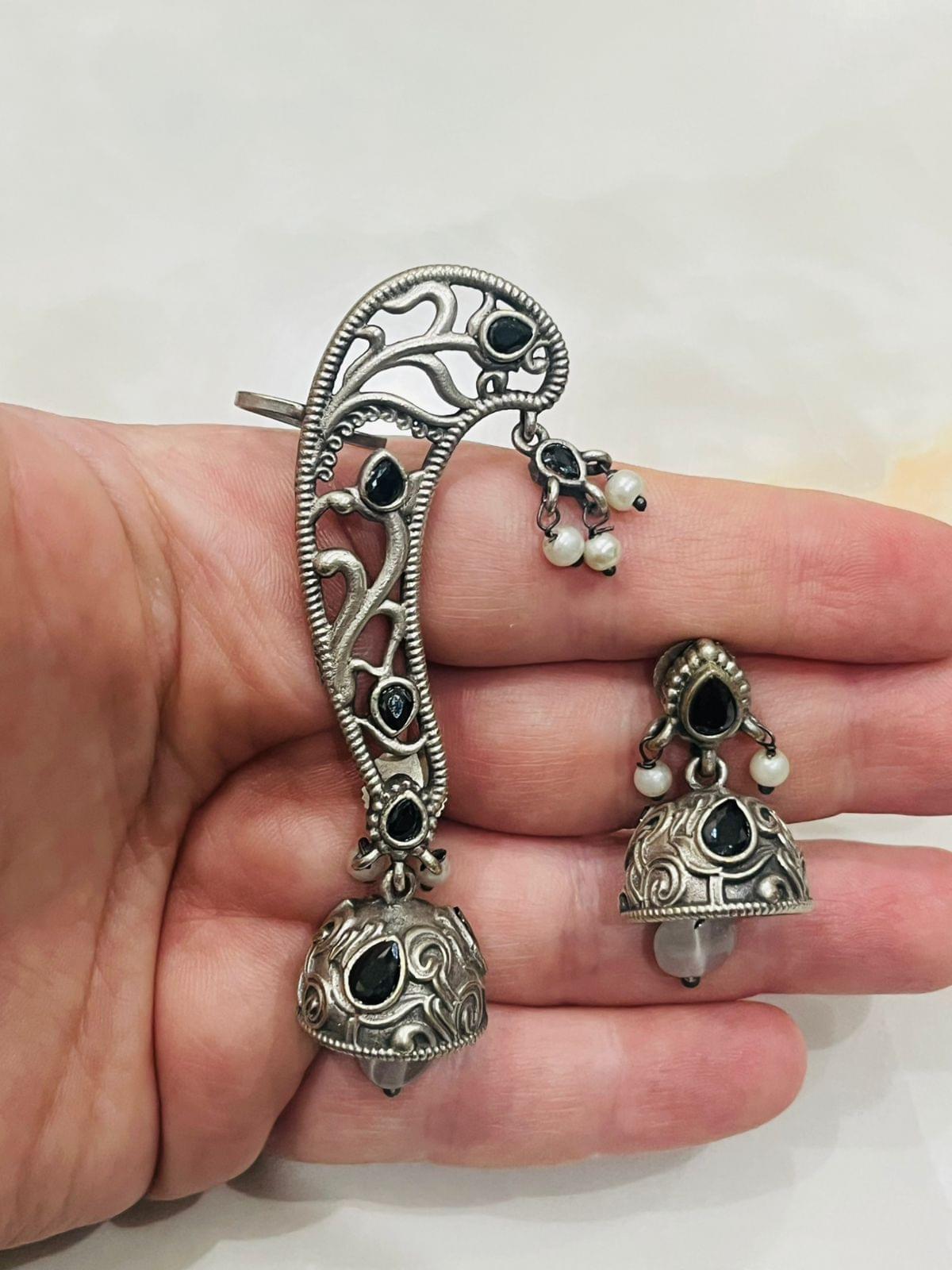 Silver Vine Ear Cuff Jhumkas - Image 4