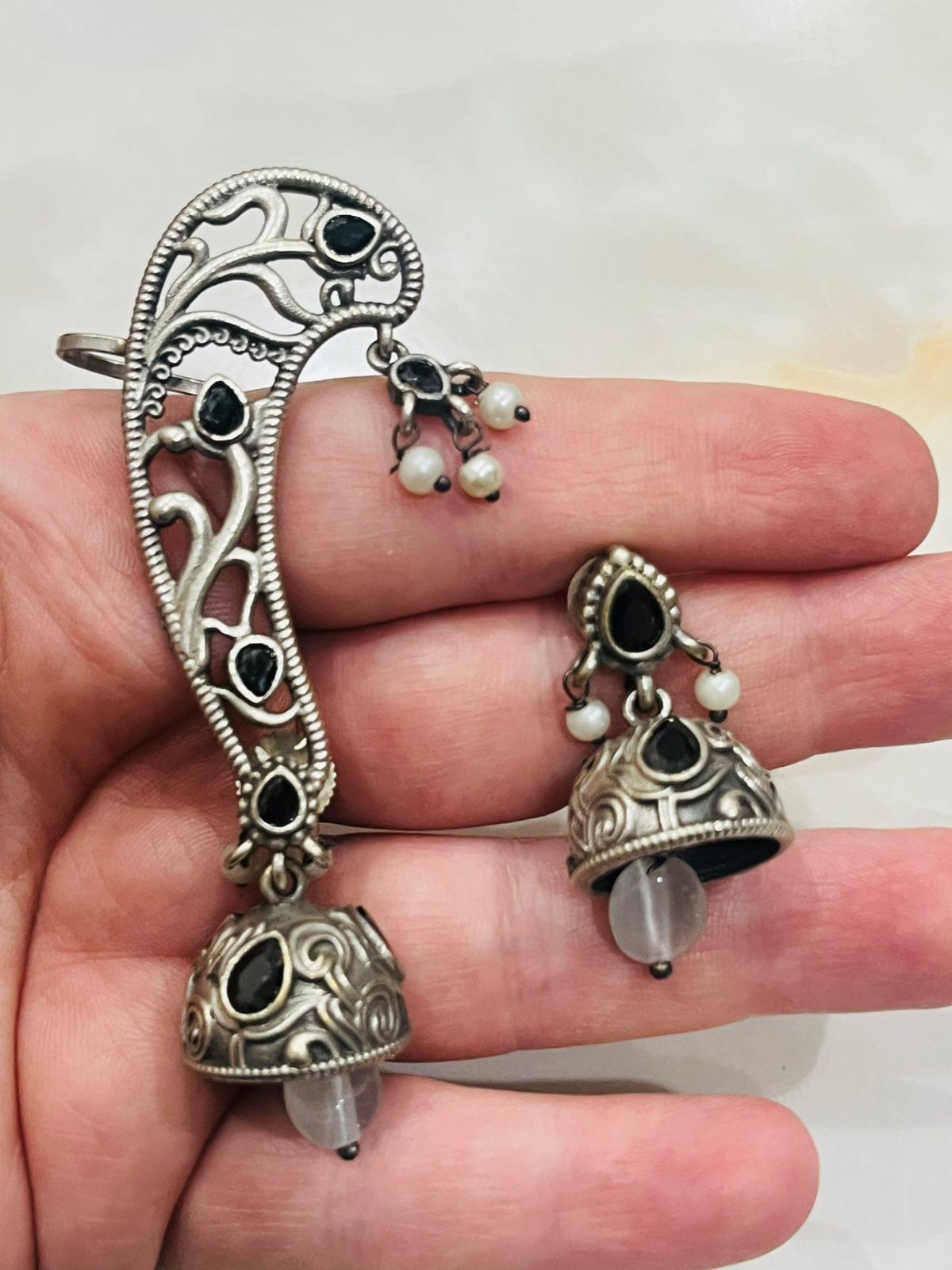 Silver Vine Ear Cuff Jhumkas - Image 5