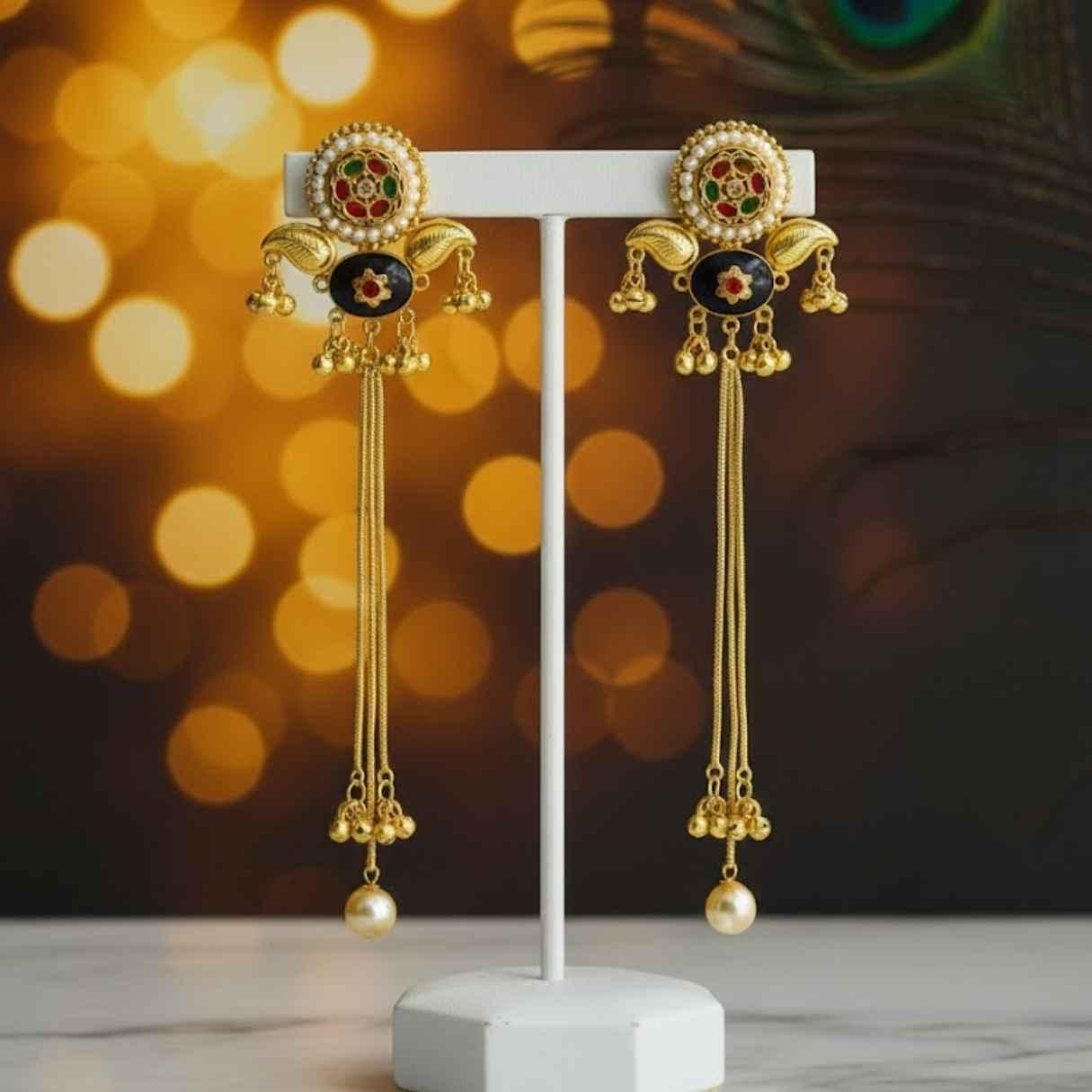 Royal Blue & Gold Tassel Drops Kashmiri Earrings